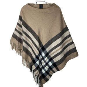 V. Fraas Women's Plaid Brushed Fringe Soft Acrylic Poncho Tan New